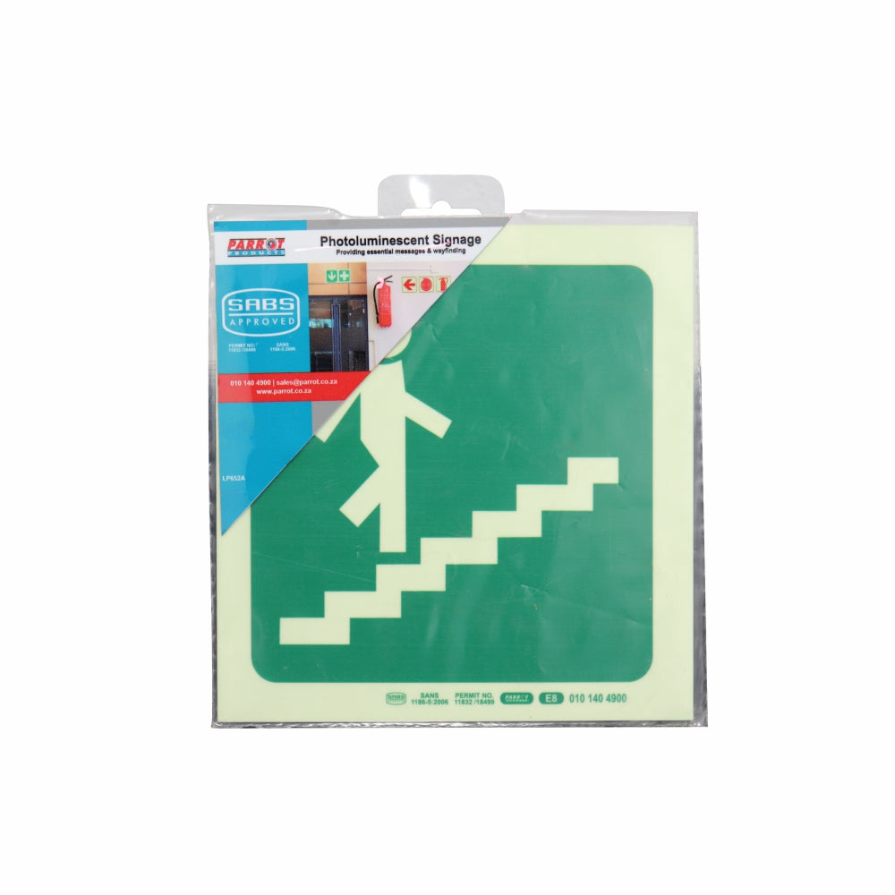 Photoluminescent 190MM Safety Sign - E8-Running Man On Stairs Going Up AND Right