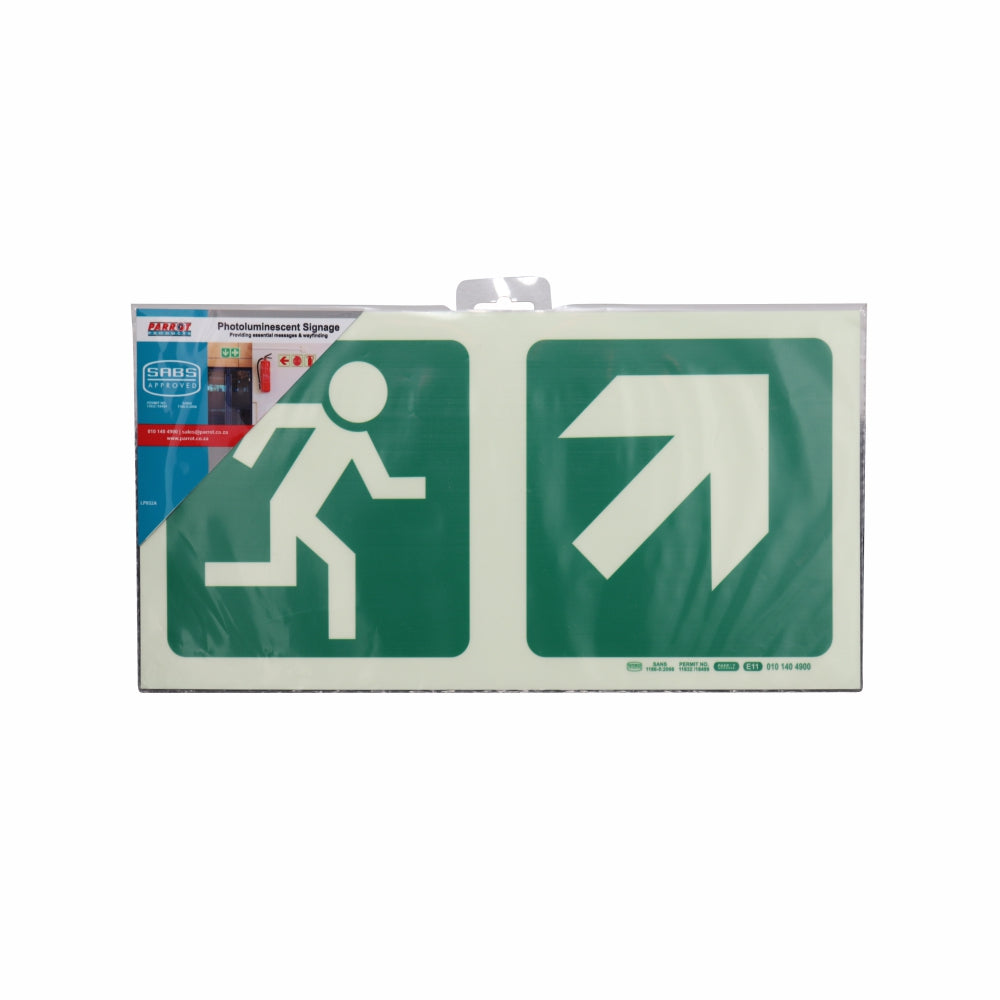 Photoluminescent 190MM Safety Sign - E11-Running Man+Diagonal Arrow Up And Right