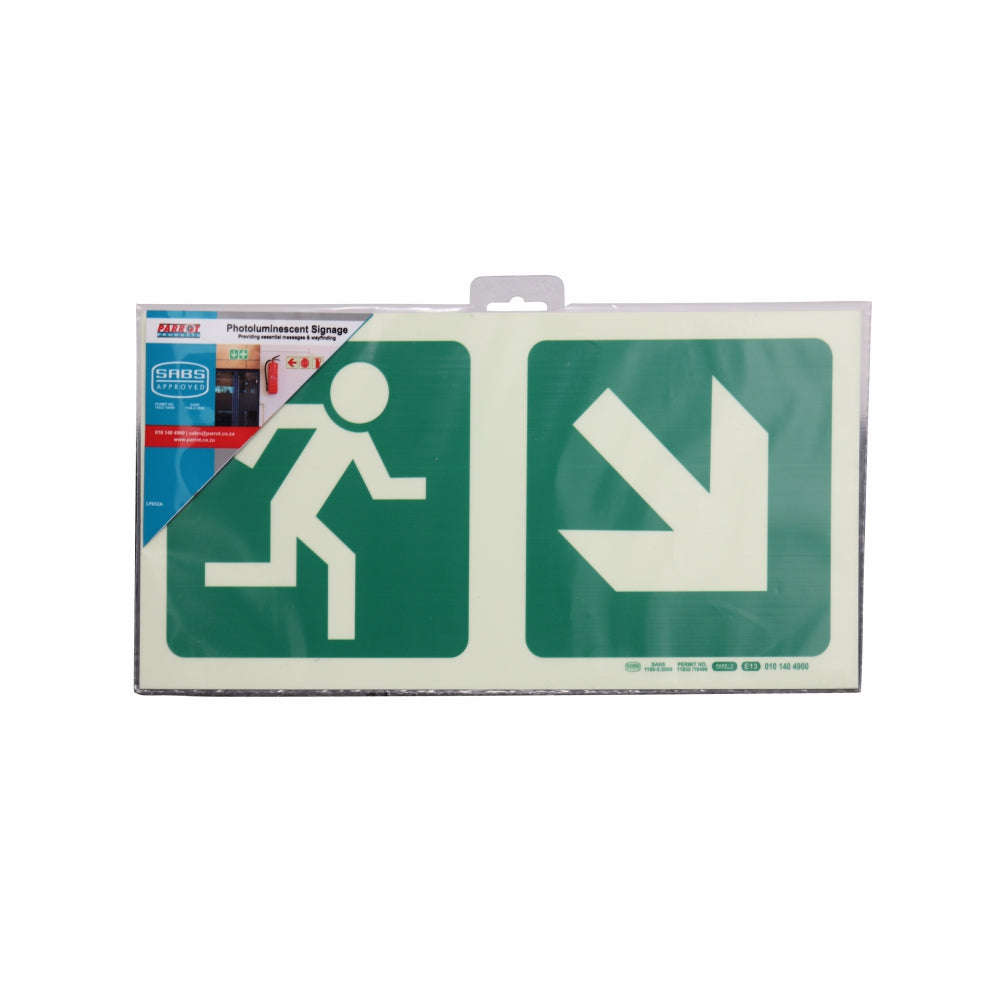 Photoluminescent 190MM Safety Sign - E13-Running Man+Diagonal Arrow Down AND Right