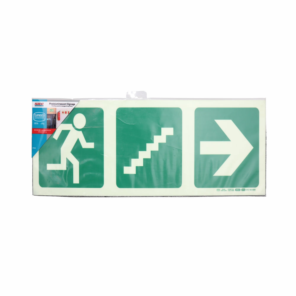 Photoluminescent 190MM Safety Sign - E18-Running Man+Stairs Going Up+Arrow Right