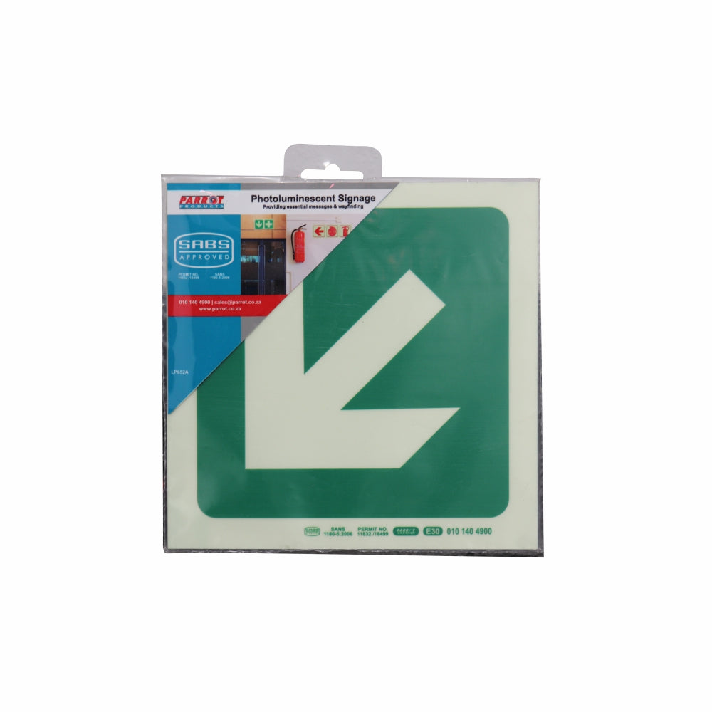 Photoluminescent 190MM Safety Sign - E30-Diagonal Arrow Down AND Left