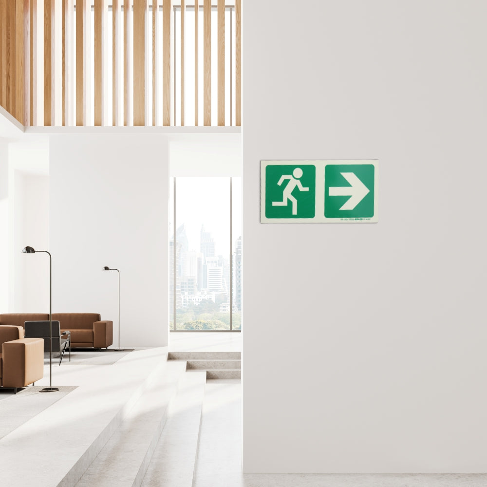 Photoluminescent 190MM Safety Sign - E1-Running Man+Arrow Right