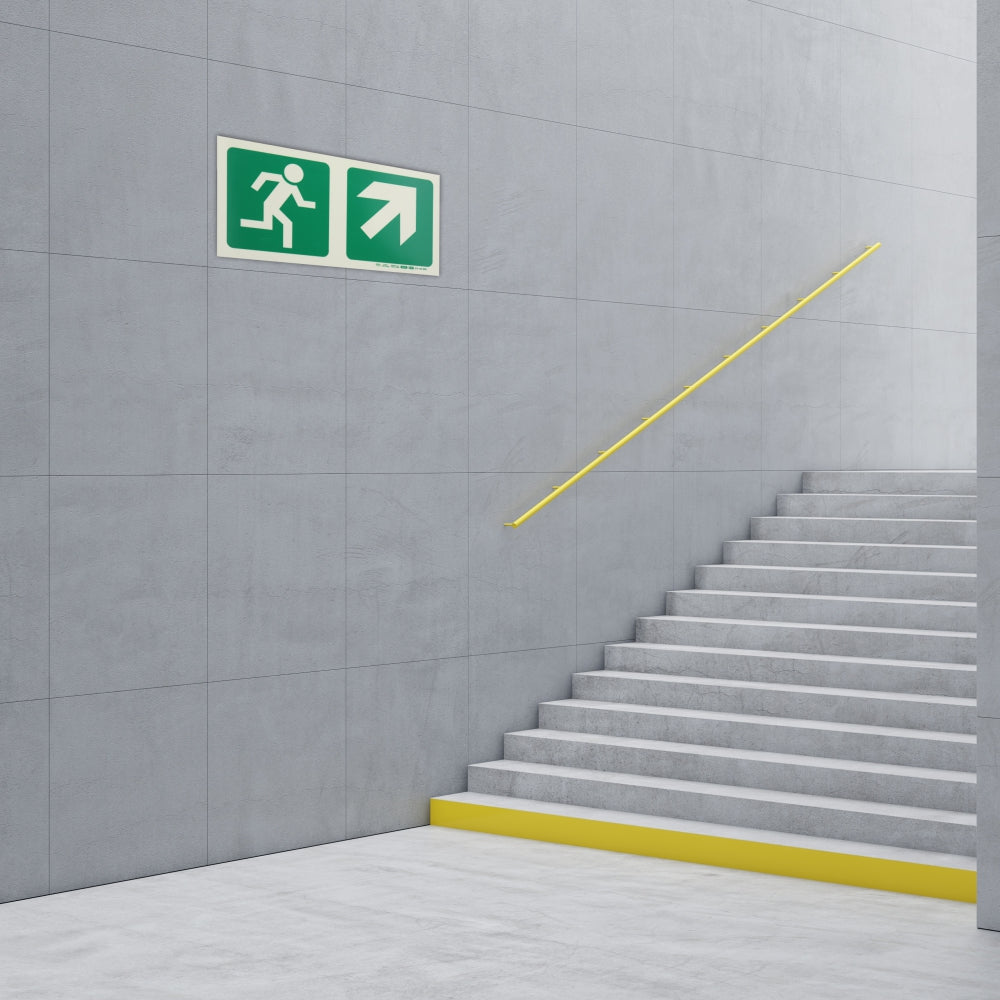 Photoluminescent 190MM Safety Sign - E11-Running Man+Diagonal Arrow Up And Right