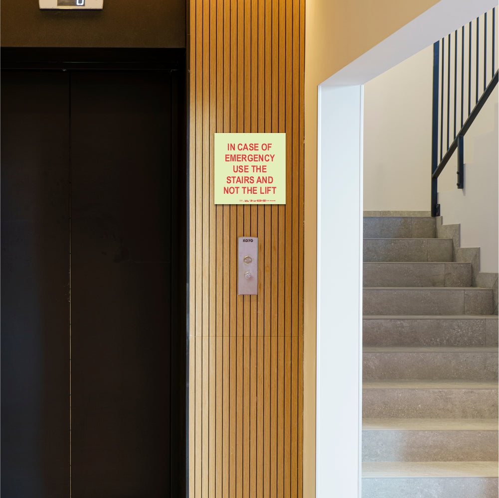Photoluminescent 190MM Safety Sign - E15-In Case Of Emergency Use The Stairs AND Not The Lift