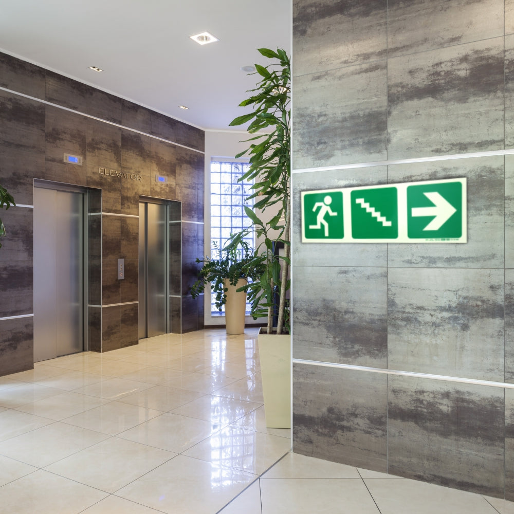 Photoluminescent 190MM Safety Sign - E16-Running Man+Stairs Going Down+Arrow Right