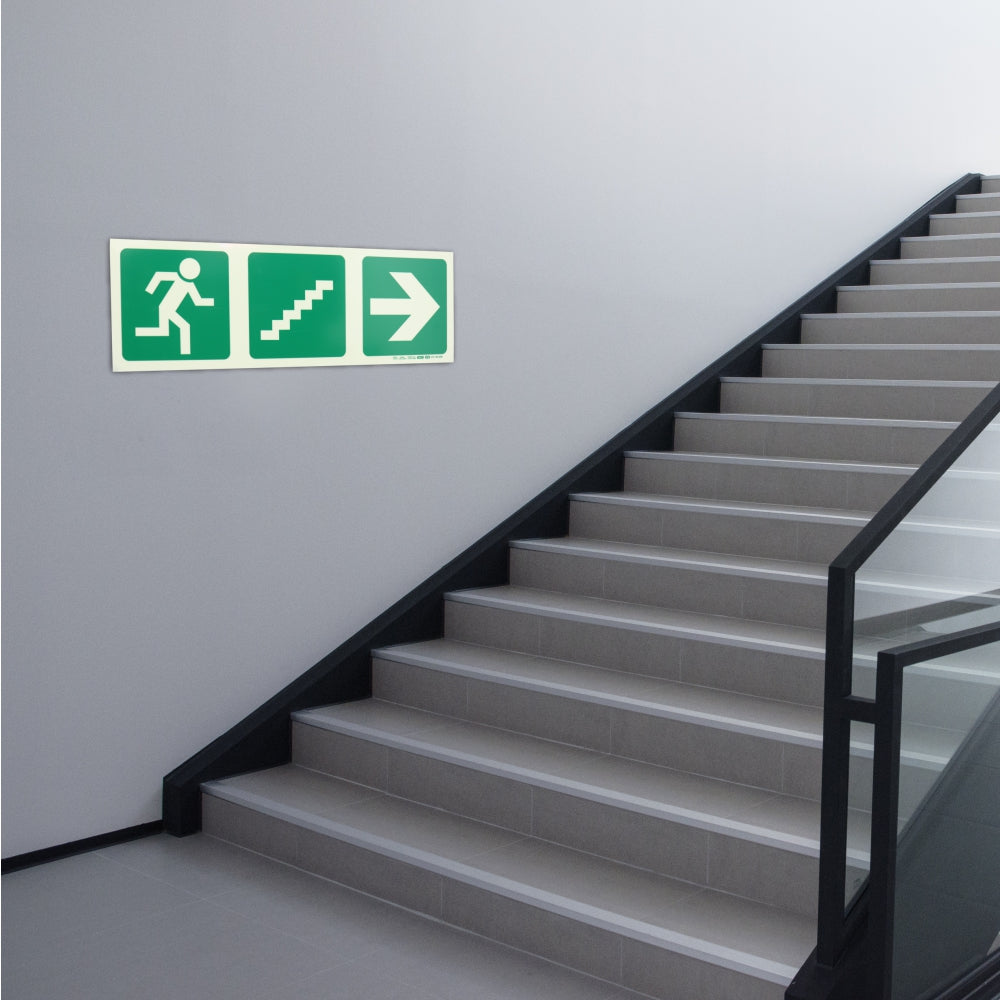 Photoluminescent 190MM Safety Sign - E18-Running Man+Stairs Going Up+Arrow Right