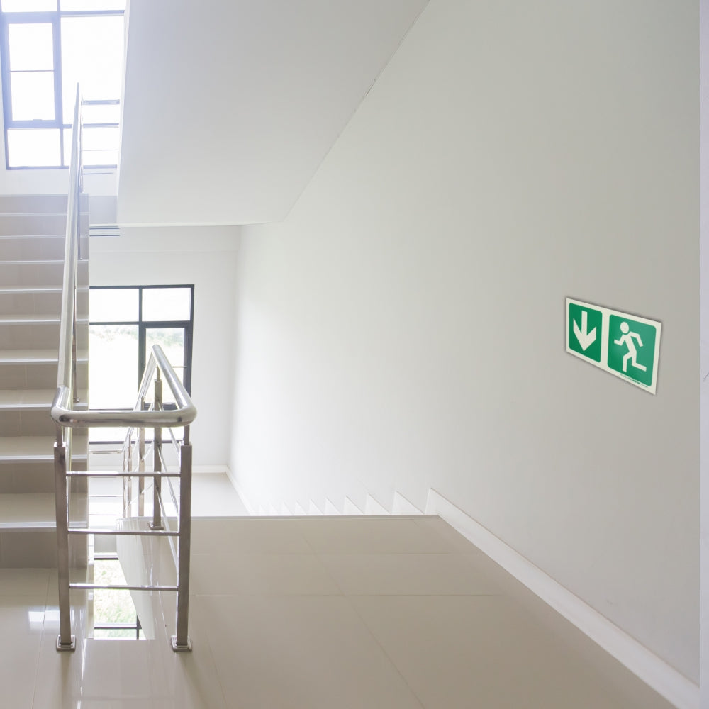 Photoluminescent 190MM Safety Sign - E3-Arrow Down+Running Man