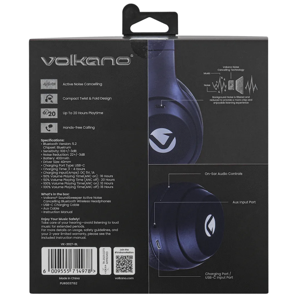 Volkano SoundSweeper Series Active Noise Cancelling bluetooth Headphones - Blue