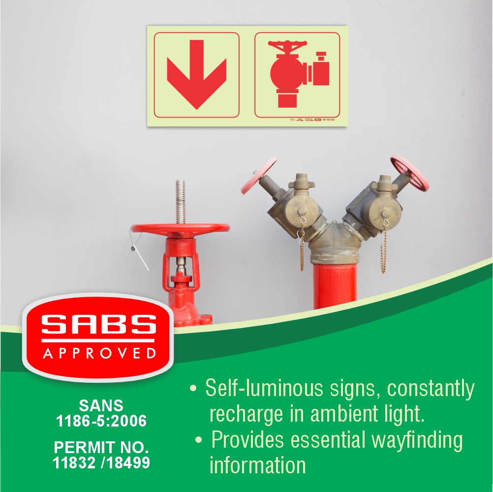 Photoluminescent 190mm Safety Sign F15 Arrow Down Fire Hydrant