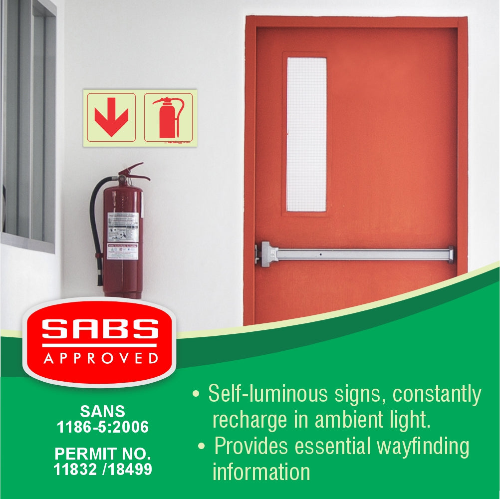 Photoluminescent - 190m Safety Sign F13 Arrow Down Fire Extinguisher
