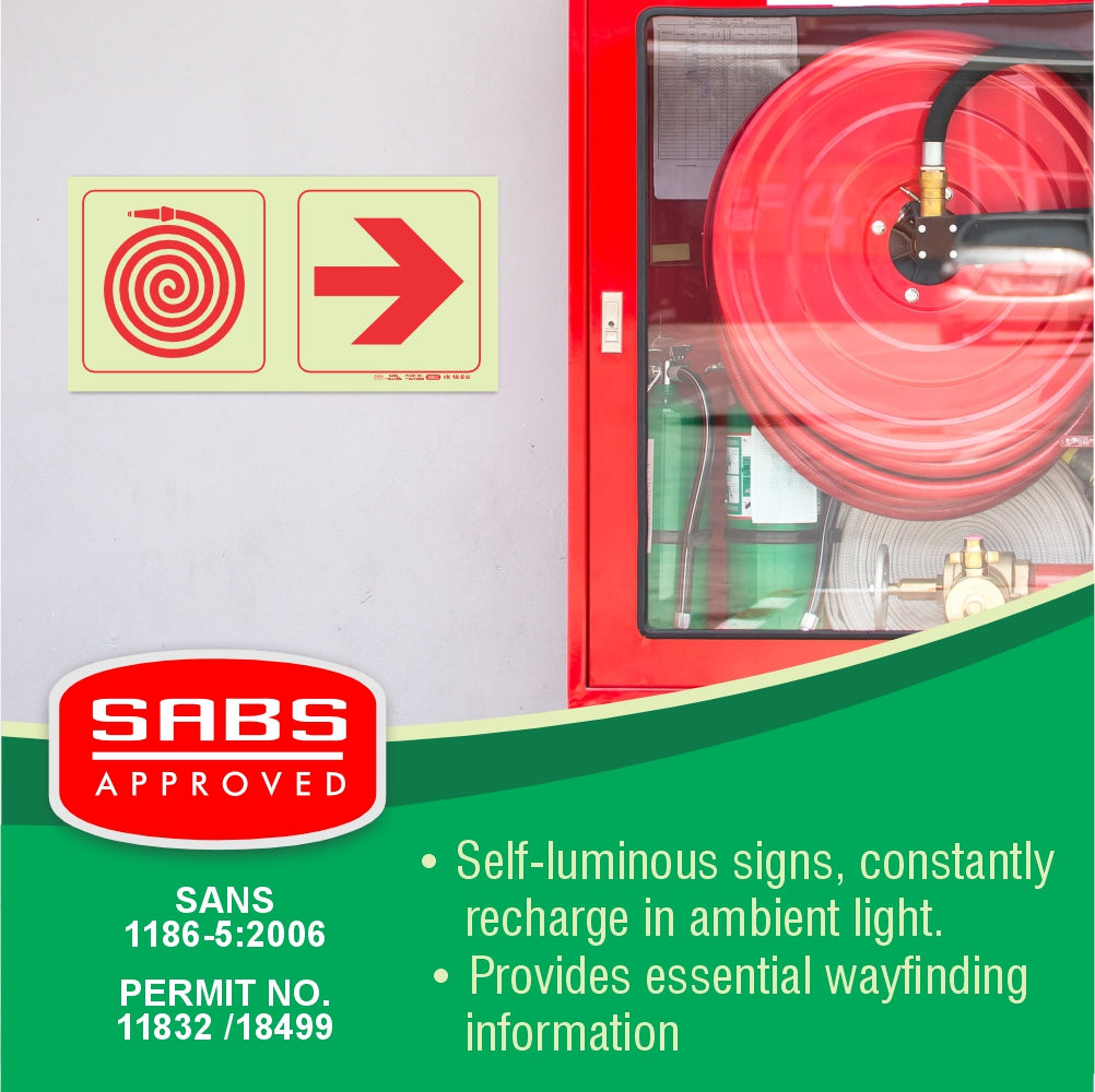 Photoluminescent 190mm Safety Sign F20 Fire Hose Reel Arrow Right