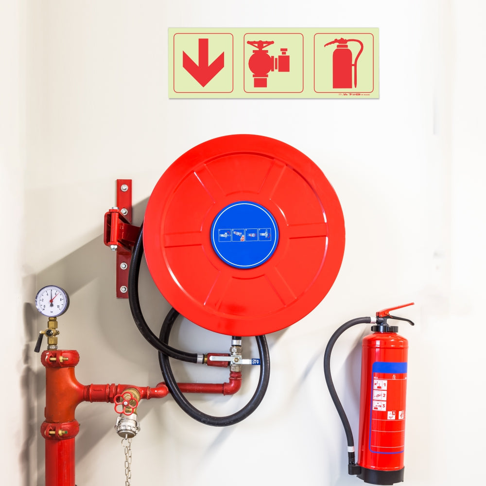Photoluminescent 190mm Safety Sign F10 Arrow Down Fire Extinguisher Fire Hydrant