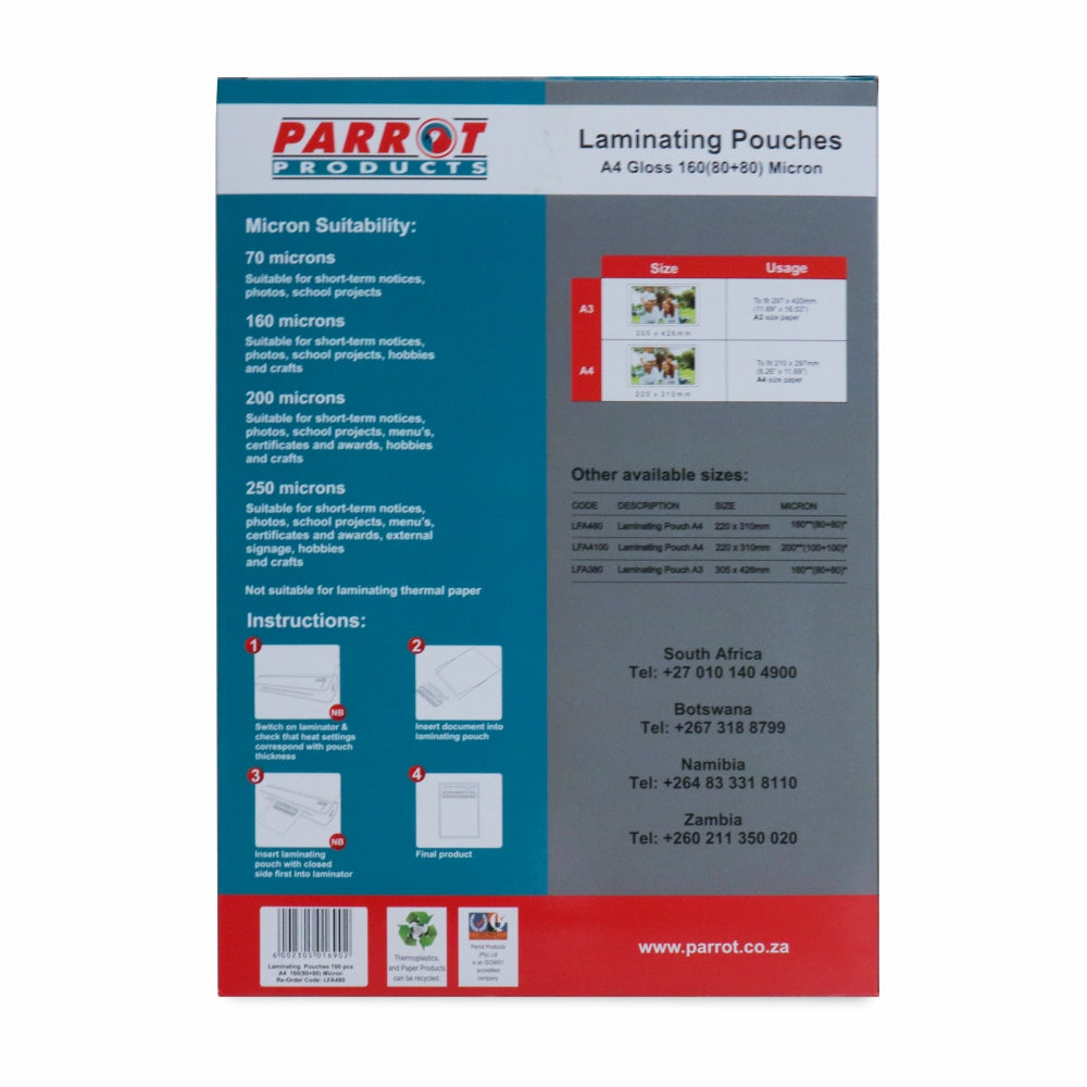 Laminating Pouches (A4 - Gloss - 220x310mm - 160 (80+80) Microns - Box 100)
