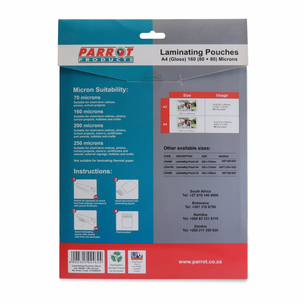 Laminating Pouches (A4 - Gloss - 220x310mm - 160 (80+80) Microns - Pack 25)