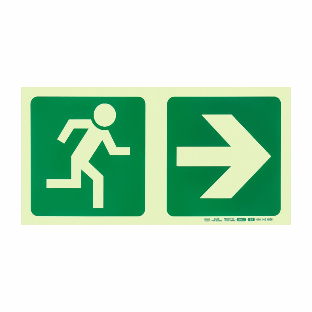 Photoluminescent 190MM Safety Sign - E1-Running Man+Arrow Right