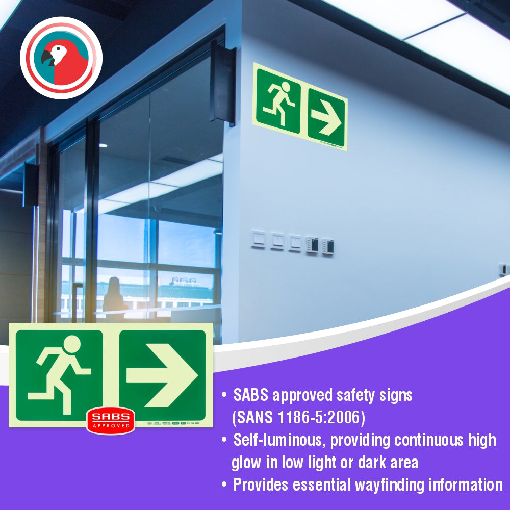 Photoluminescent 190MM Safety Sign - E1-Running Man+Arrow Right