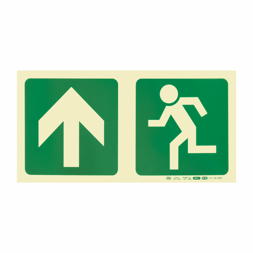 Photoluminescent 190MM Safety Sign - E10-Arrow Up+Running Man