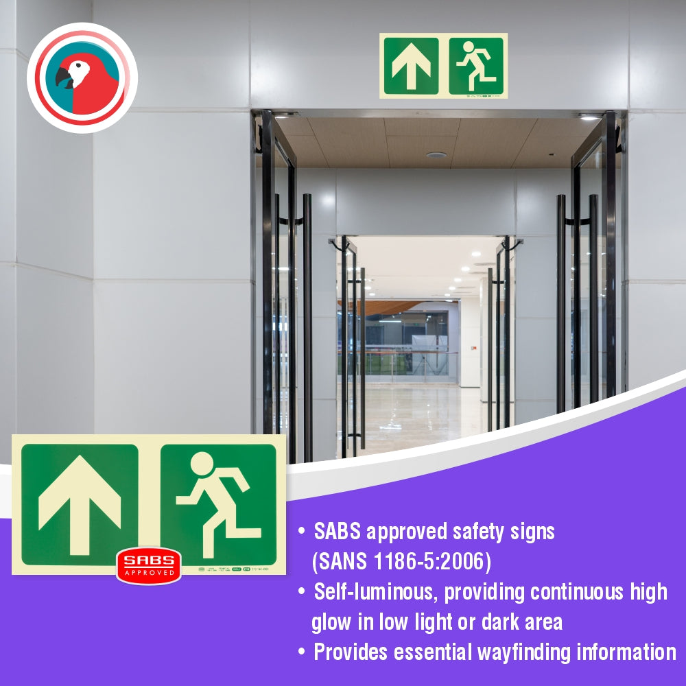 Photoluminescent 190MM Safety Sign - E10-Arrow Up+Running Man