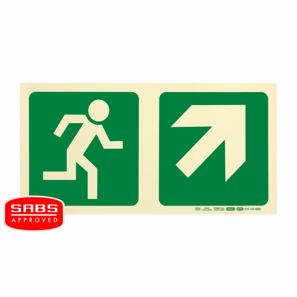 Photoluminescent 190MM Safety Sign - E11-Running Man+Diagonal Arrow Up And Right