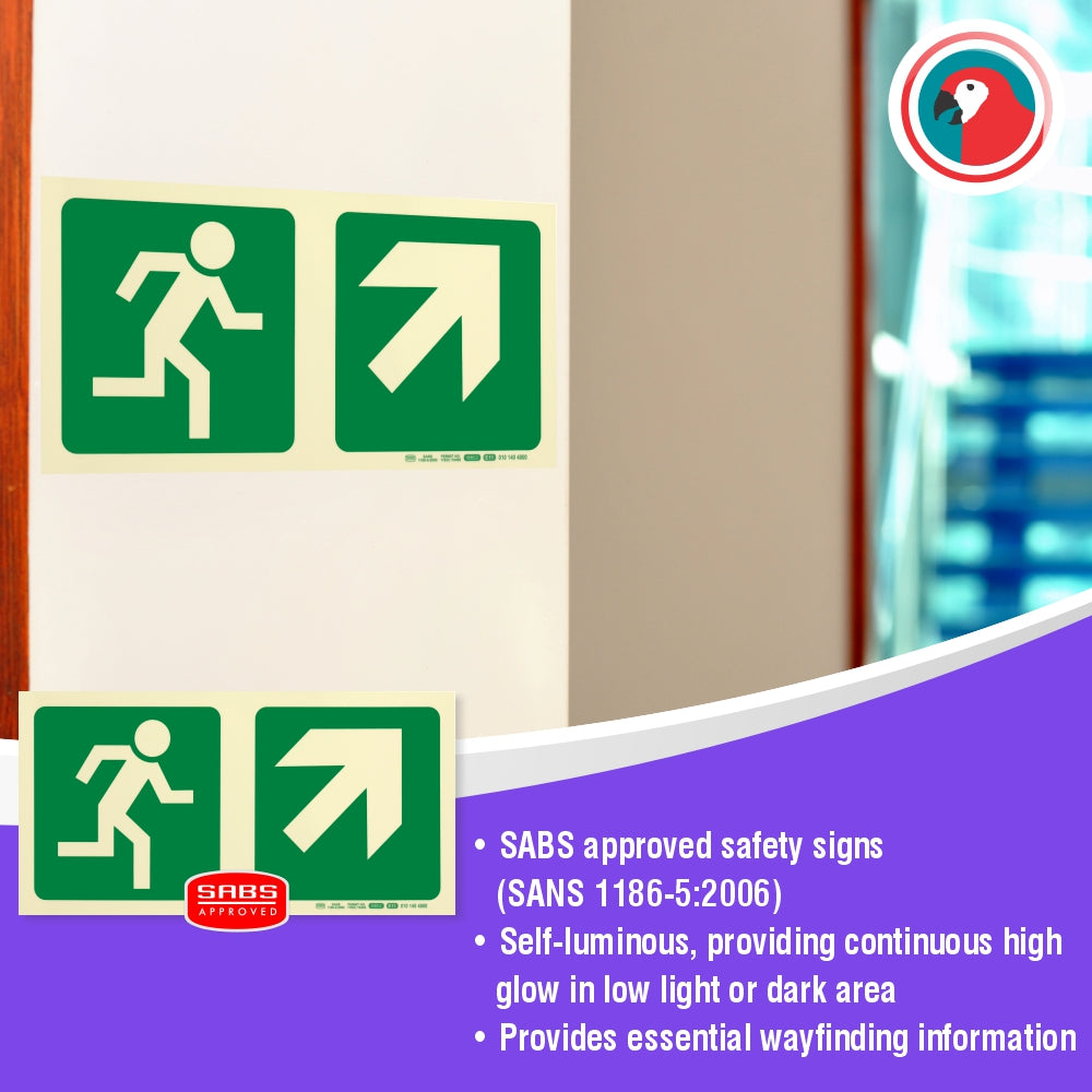 Photoluminescent 190MM Safety Sign - E11-Running Man+Diagonal Arrow Up And Right
