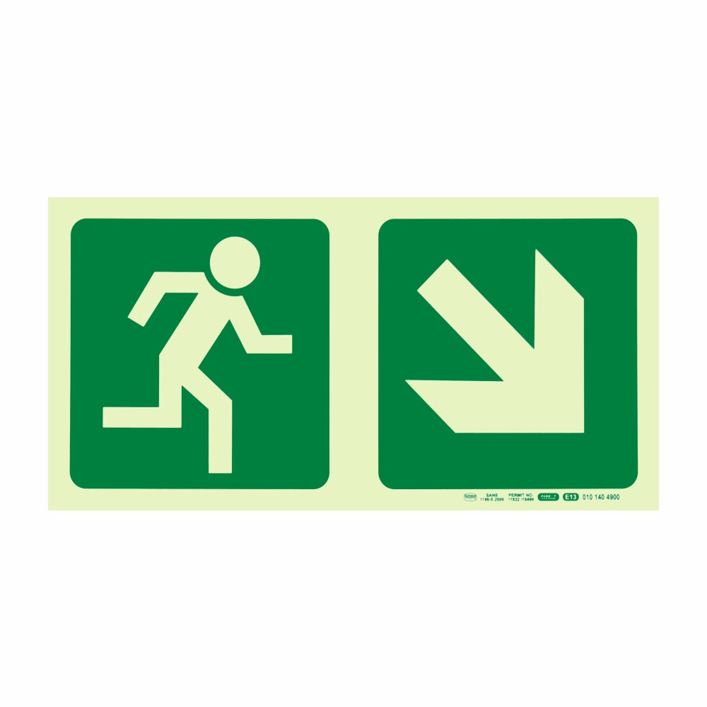 Photoluminescent 190MM Safety Sign - E13-Running Man+Diagonal Arrow Down AND Right