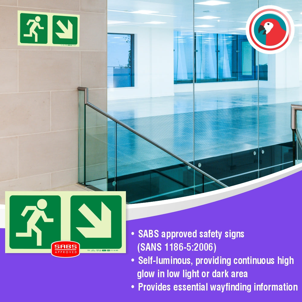 Photoluminescent 190MM Safety Sign - E13-Running Man+Diagonal Arrow Down AND Right