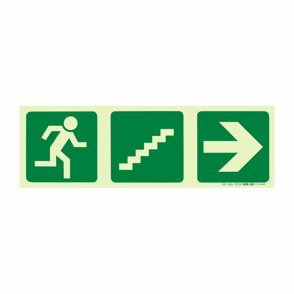 Photoluminescent 190MM Safety Sign - E18-Running Man+Stairs Going Up+Arrow Right