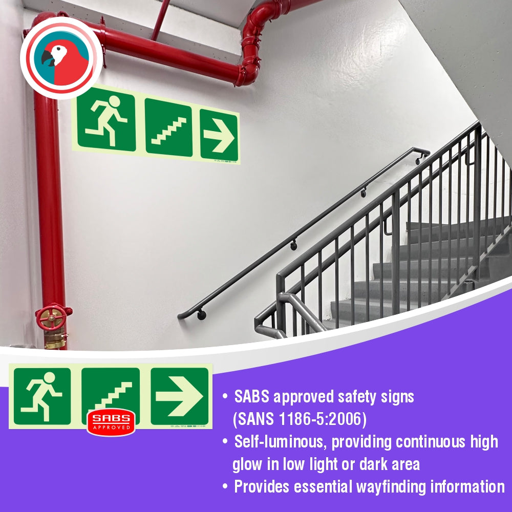 Photoluminescent 190MM Safety Sign - E18-Running Man+Stairs Going Up+Arrow Right