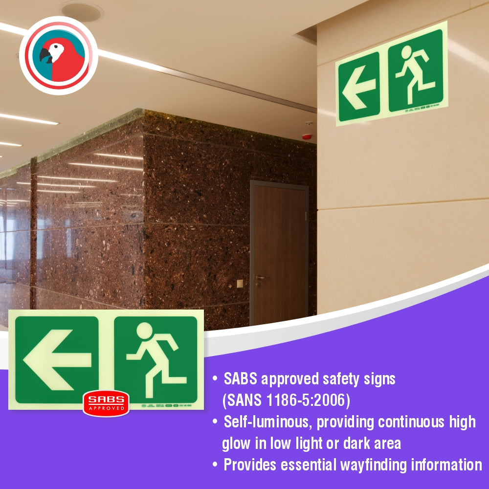 Photoluminescent 190MM Safety Sign - E2-Arrow Left+Running Man