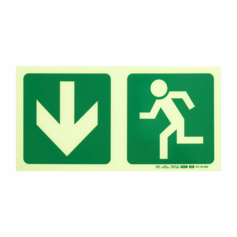 Photoluminescent 190MM Safety Sign - E3-Arrow Down+Running Man