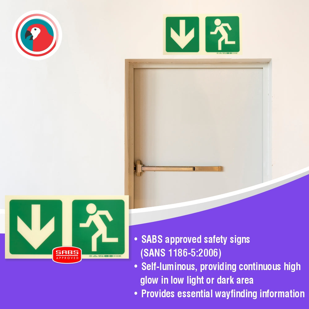 Photoluminescent 190MM Safety Sign - E3-Arrow Down+Running Man