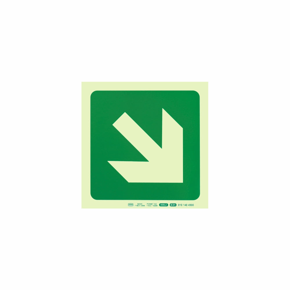 Photoluminescent 190MM Safety Sign - E31-Diagonal Arrow Down AND Right