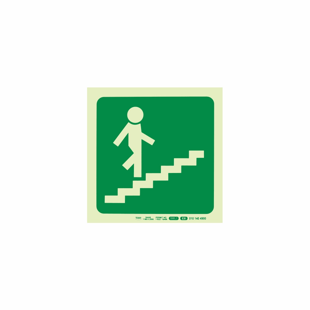 Photoluminescent 190MM Safety Sign - E8-Running Man On Stairs Going Up AND Right