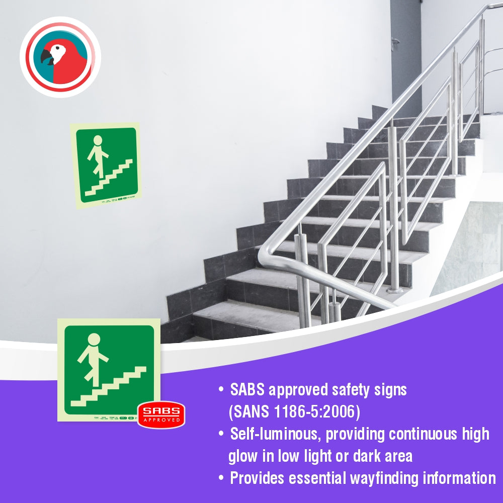 Photoluminescent 190MM Safety Sign - E8-Running Man On Stairs Going Up AND Right