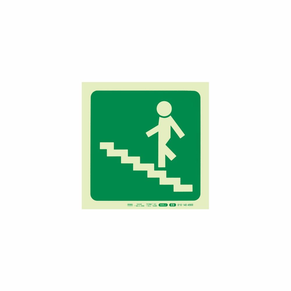 Photoluminscent 190MM Safety Sign - E9-Running Man On Stairs Going Up AND Left