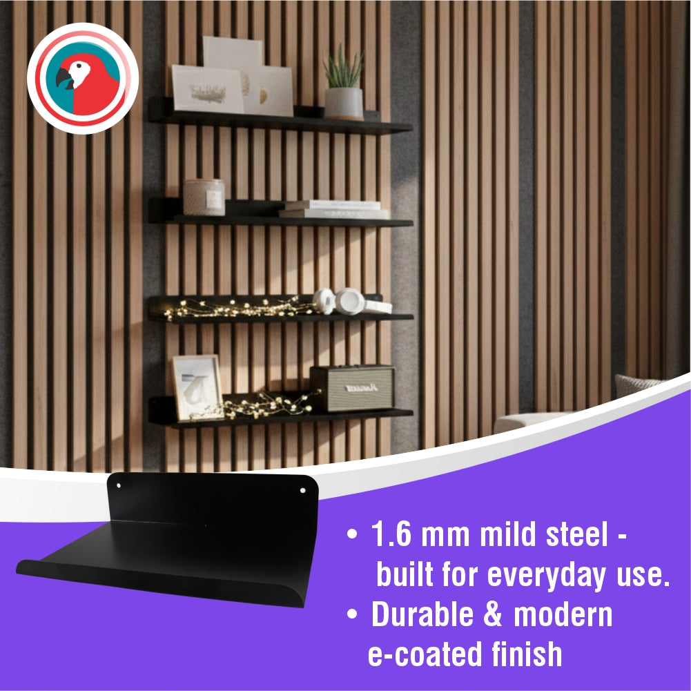 Slatted Panel Steel Shelf 300mm Black Feature Wall Shelf