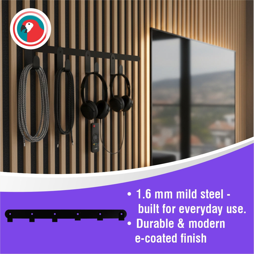 Slatted Panel Multi-Hook Bracket Black Steel Wall Hook Rail