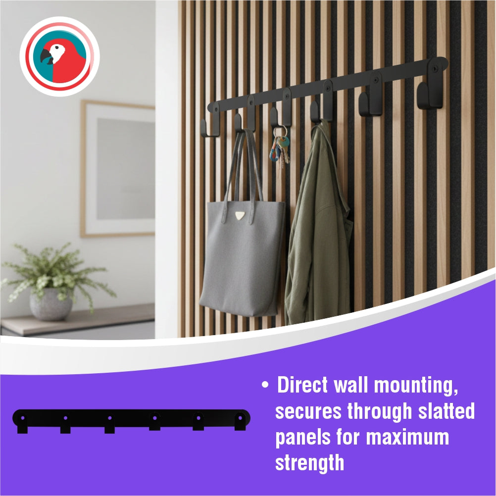 Slatted Panel Multi-Hook Bracket Black Steel Wall Hook Rail