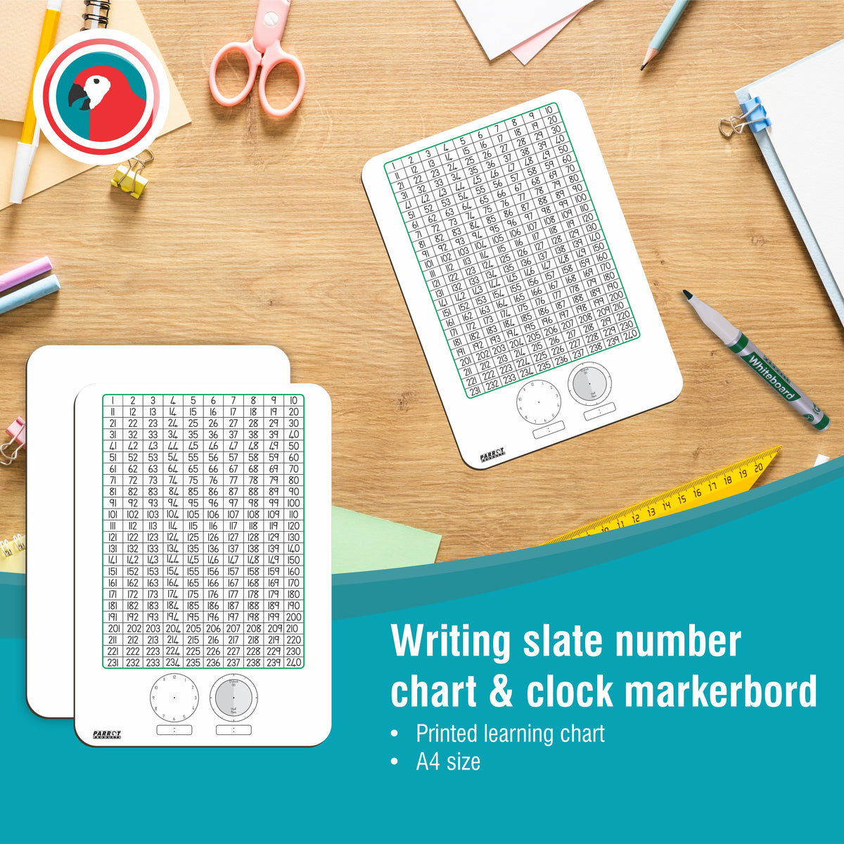 WRITING SLATE NUMBER CHART AND CLOCK MARKERBORD 297*210MM TENS