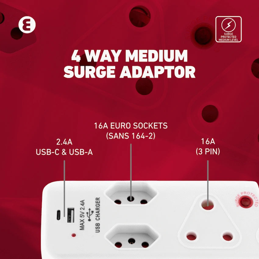 Ellies 4 Way Surge adaptor with type C + USB - WT