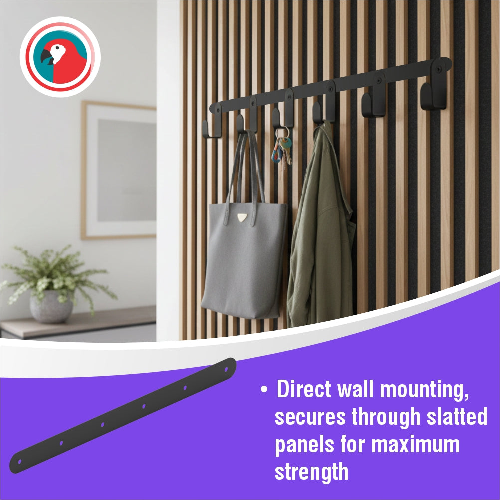 Slatted Panel Multi-Hook Bracket Black Steel Wall Hook Rail