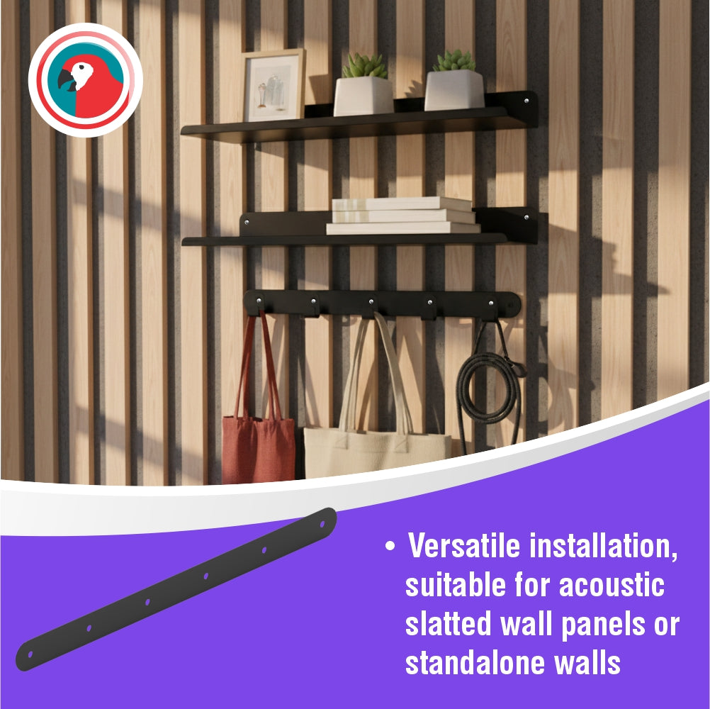 Slatted Panel Multi-Hook Bracket Black Steel Wall Hook Rail