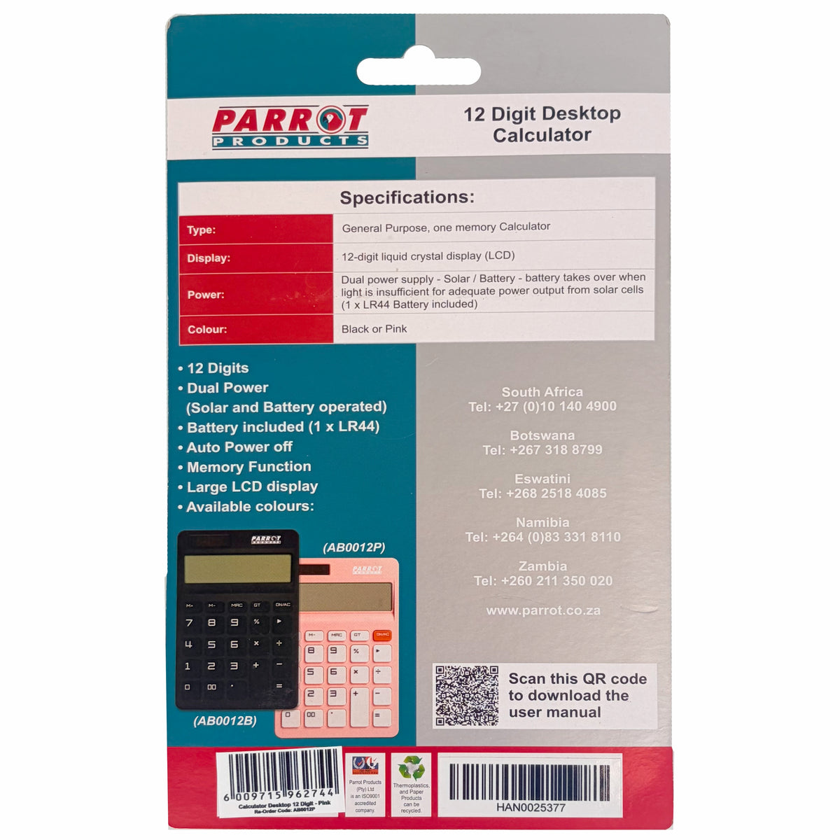 12-Digit Desktop Calculator Pink Dual Power