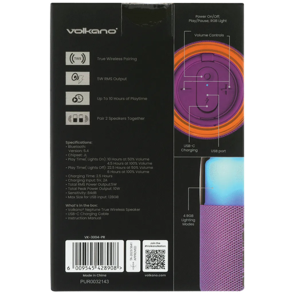 Volkano Neptune Bluetooth Wireless Speaker - Purple