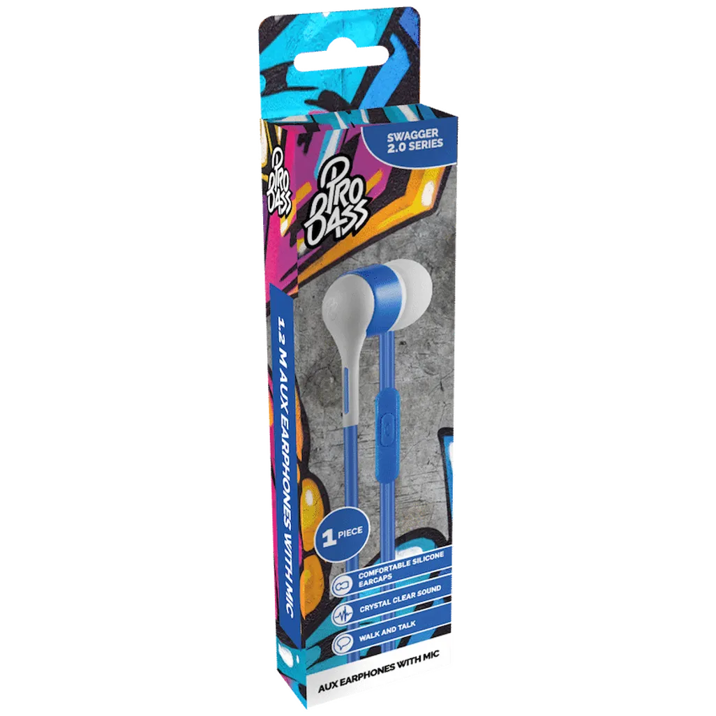 Pro Bass Swagger 2.0 Series - Boxed Auxiliary Earphone with Mic - Blue