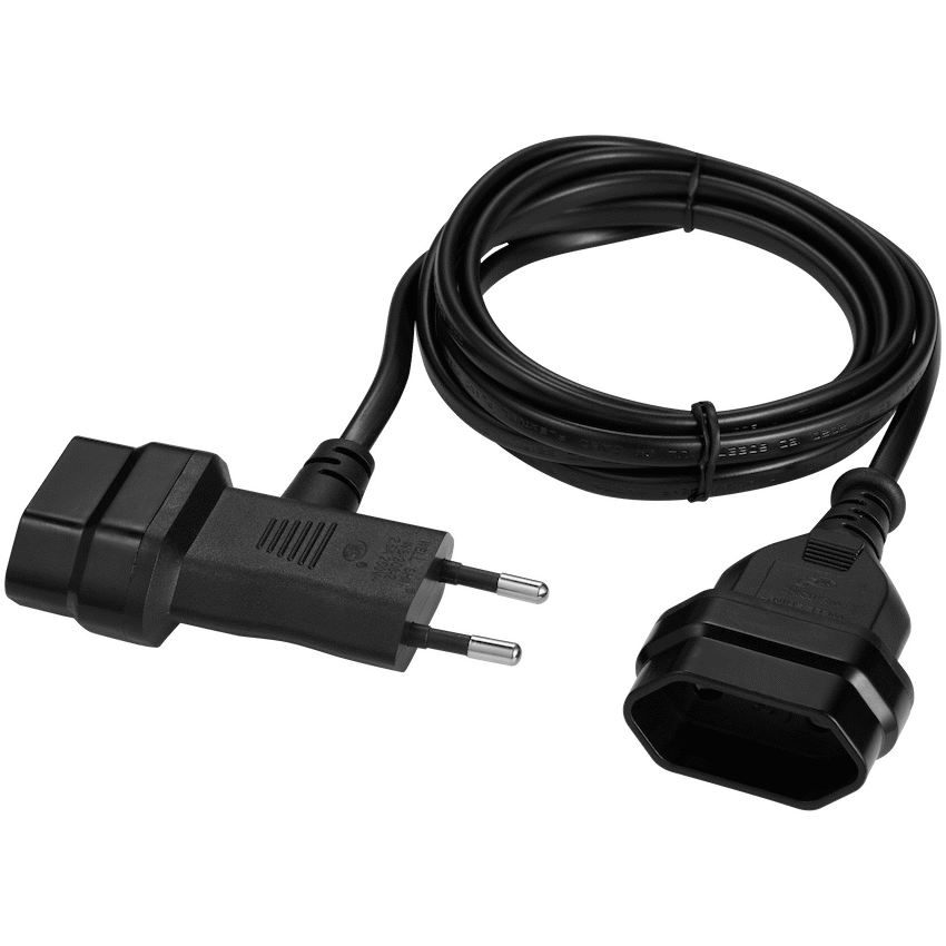 Switched Easy Cable Extender 2-Pin Euro to T-Shape AC 2-Pin Euro Socket 2m - Black