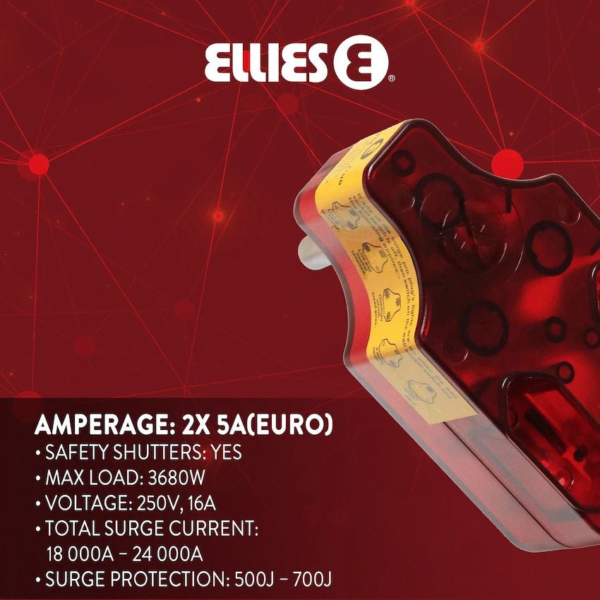 Ellies High Surge Adaptor 2 x 5A Euro Sockets