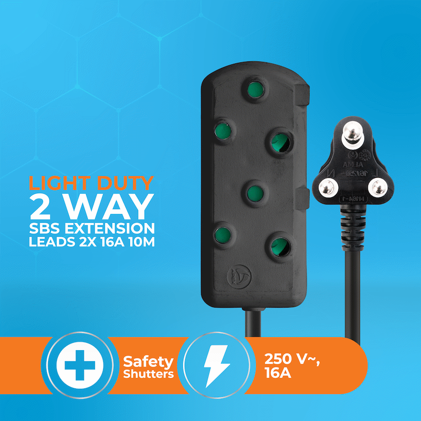 SWITCHED Light DUTY Side by Side (SBS) EXTENSION LEADS 10M - BK