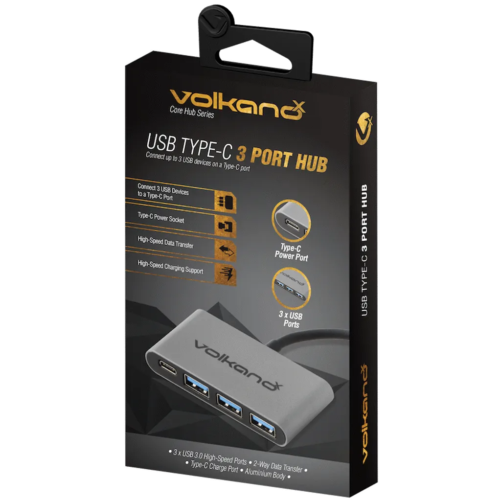 VolkanoX Core Hub series USB Type C to 3x USB 3.0 plus Power - 10cm - Charcoal