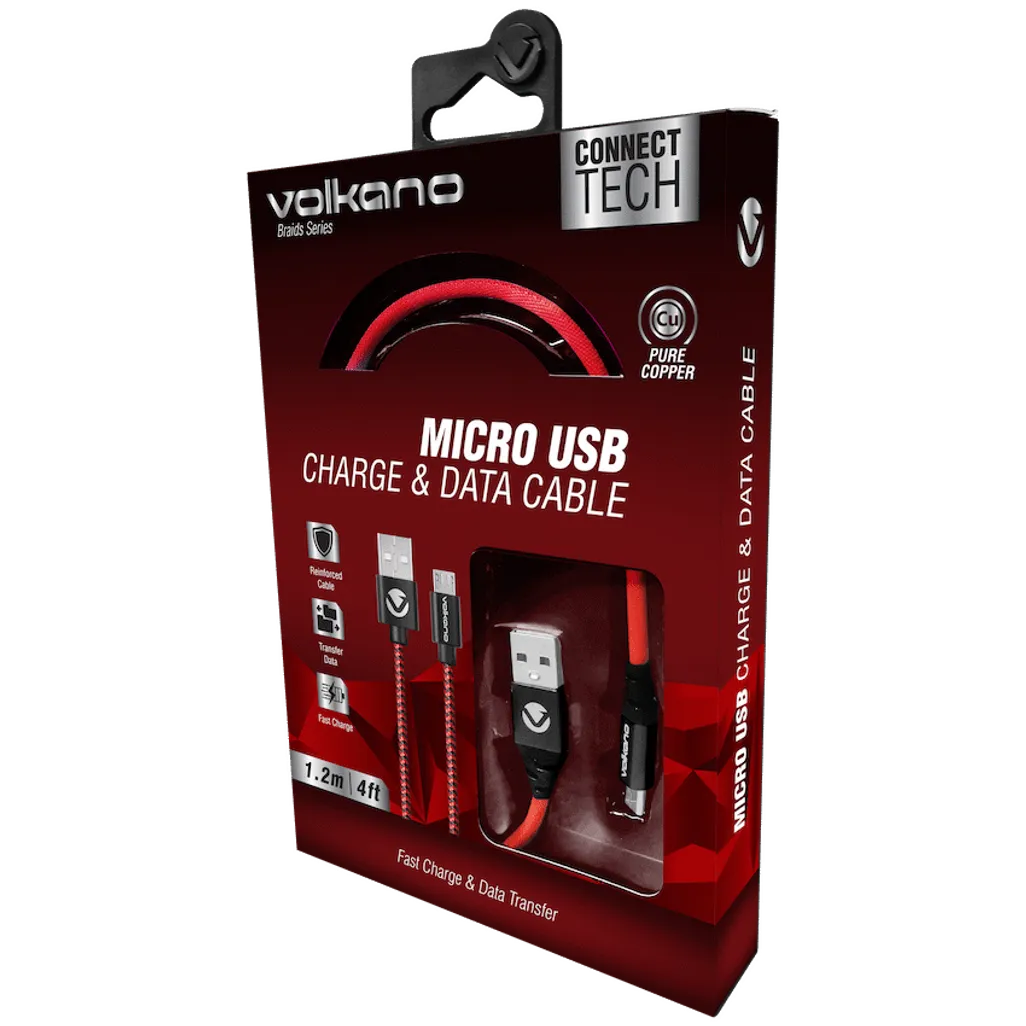 Volkano Braids Series Nylon Braided Micro USB Cable 1.2m - Black & Red